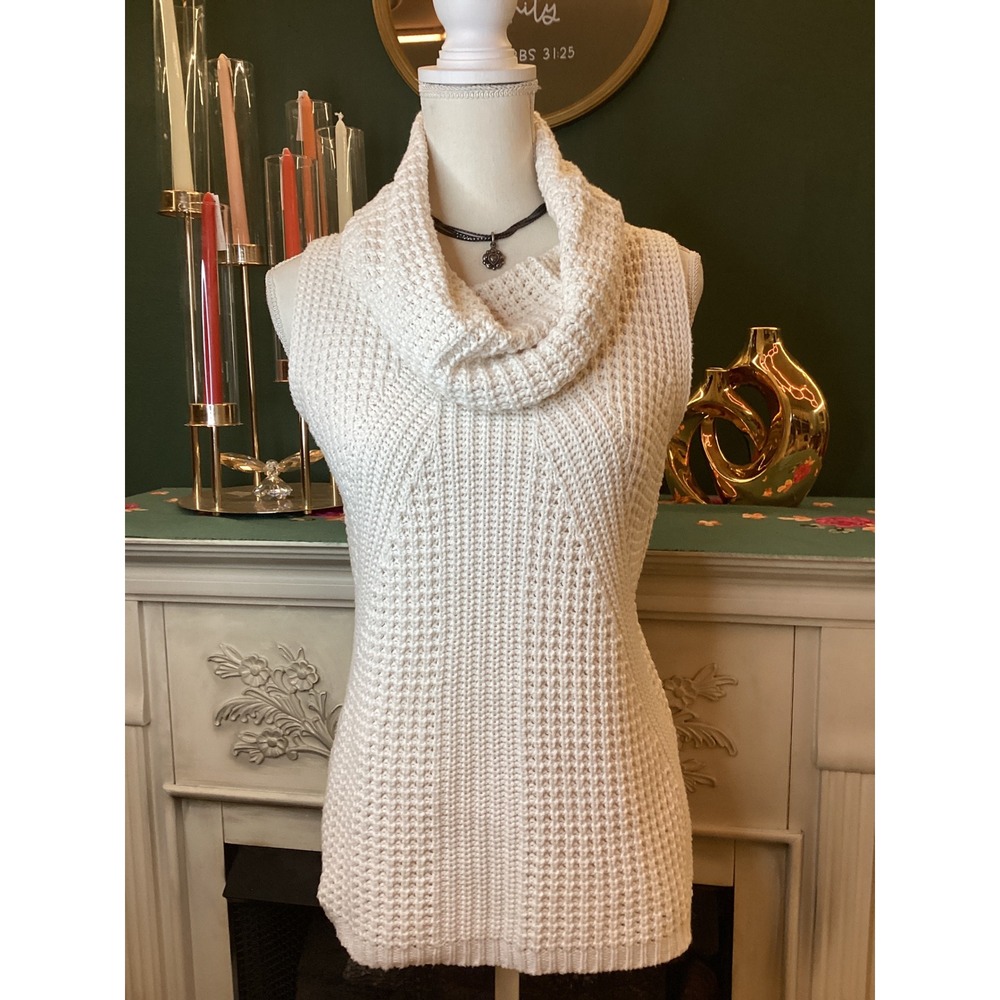 Charming Charlie Cream Waffle Knit Cowl Neck Sleeveless Sweater Tunic Top S‎